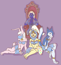 big_breasts breasts chair female furniture group harem harem_outfit jewelry male nipples sitting tail starbomb_(artist) faldarea canid canine canis domestic_dog elf humanoid lagomorph leporid mammal rabbit sergal
