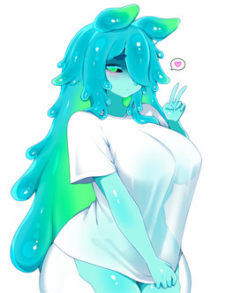 antennae_(anatomy) breasts clothing female goo_hair green_eyes pseudo_hair shirt solo t-shirt topwear translucent translucent_clothing under_boob white_clothing white_shirt white_topwear houndeater pee-chan_(houndeater) goo_creature goo_humanoid humanoid absurd_res hi_res