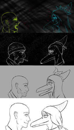 anthro bald band-aid bandage beanie bodily_fluids bow_(feature) cigarette clothing crying duo female hair hat headgear headwear long_hair long_snout male open_mouth short_hair smile snout stubble tears rexznov cavemanon_studios goodbye_volcano_high ko_op_(game_developer) snoot_game anon_(snoot_game) fang_(gvh) human mammal prehistoric_species pterosaur reptile scalie 2023 black_and_white hi_res monochrome