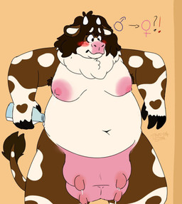 after_transformation anthro big_breasts breasts female gender_transformation hair hooves long_hair milk milk_on_breasts mtf_transformation overweight overweight_female solo species_transformation standing teats transformation udder_milking udders papsy_star toby_(papsy) bovid bovine cattle mammal hi_res