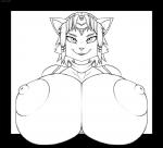 anthro big_breasts breasts female hair huge_breasts hyper hyper_breasts looking_at_viewer nipples smile solo galmgaruda51 nintendo star_fox krystal_(star_fox) canid canine fox mammal black_and_white monochrome