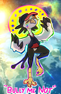 bodily_fluids bottomless bullying clothed clothing hat headgear headwear hoodie planet rainbow tears topwear wings animancer orloft accipitriform avian bird deity secretary_bird 2025 digital_media_(artwork) hi_res