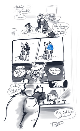 ambiguous_gender anthro cooking cooking_pot dialogue fancy_clothing female feral fluffy fluffy_tail group machine male pet_protogen rear_view tail text trio ravid_anml ghirr_firewire_mertens_(ravid_anml) nora_seulis_(ravid_anml) tobias_hecaucatl_(ravid_anml) american_opossum canid canine canis mammal marsupial protogen wolf absurd_res comic english_text hi_res monochrome sketch