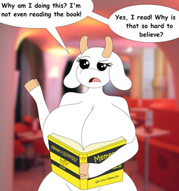 anthro big_breasts black_eyes book breasts confusion convenient_censorship dialogue female hooves horn huge_breasts open_mouth solo text white_body foxtide888 book_and_boob bunny_maloney for_dummies charlotte_(bm) bovid caprine goat mammal meme