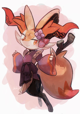 3_fingers 3_toes accessory ambiguous_anthro ambiguous_gender anthro arm_tuft asian_clothing big_tail biped black_body blush blush_lines bottomless bottomless_ambiguous bottomless_anthro cheek_tuft closed_smile clothed clothing digitigrade dipstick_tail east_asian_clothing facial_tuft feet fingers fur hair_accessory hip_tuft inner_ear_fluff japanese_clothing looking_at_viewer markings mouth_closed multicolored_body multicolored_fur object_in_tail on_one_leg orange_body orange_eyes orange_fur orange_inner_ear_fluff orange_nose orange_tail_tip shoulder_tuft side_view simple_background smile snout solo standing stick stick_in_tail tail tail_markings toes tuft white_body white_fur yellow_body yellow_fur yellow_tail ikei nintendo pokemon braixen canid generation_6_pokemon mammal pokemon_(species) 2023 colored digital_media_(artwork) digital_painting_(artwork) full-length_portrait hi_res painting_(artwork) portrait signature