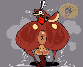 anthro antlers anus backsack balls bent_over big_balls big_butt big_penis black_eyes black_nose bodily_fluids bottomless bottomless_anthro bottomless_male brown_body brown_ears brown_fur brown_hair brown_tail butt clothed clothing excessive_bodily_fluids fur genitals hair half-erect hoodie hooves horn huge_butt huge_penis hyper hyper_butt looking_at_viewer looking_back looking_back_at_viewer male multicolored_body multicolored_fur musk partially_clothed penis perineum puffy_anus rear_view red_clothing red_hoodie red_topwear scut_tail short_tail simple_background solo sun sweat sweaty_butt tail thick_thighs topwear two_tone_body two_tone_fur two_tone_tail white_antlers wide_hips x_anus superiorfox cain_(superiorfox) deer mammal 2025 colored digital_drawing_(artwork) digital_media_(artwork) flat_colors low_res shaded