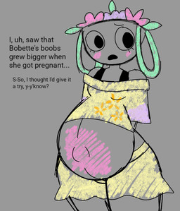 anthro blush bottomwear clothing crop_top embarrassed female flower plant pregnant pregnant_female shirt shorts simple_background solo text topwear yellow_bottomwear yellow_clothing yellow_shirt yellow_shorts yellow_topwear spitefulcrepe-chan blushcrunch_studio dandy's_world bassie_(dandy's_world) humanoid toon_(dandy's_world) english_text sketch