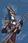 anthro armor breastplate claws eyewear glasses greaves hair headgear helmet long_hair male melee_weapon northern pauldron platemail polearm skinny slim solo spear tail tail_tuft tuft weapon kyma luik mammal sergal hi_res