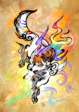 action_pose claws feral jumping male mythical paws pose solo sumi-e tail thehavanawolf capcom okami_(capcom) canid canine canis mammal wolf hi_res