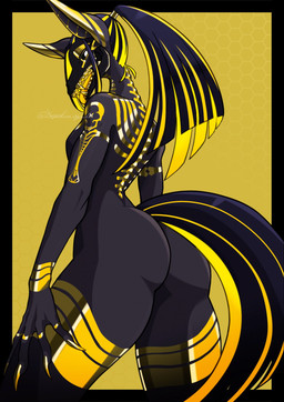 anthro black_body butt female gold_(metal) gold_jewelry golden_markings hair hand_on_leg hand_on_thigh jewelry long_hair looking_at_viewer looking_back looking_back_at_viewer multicolored_hair open_mouth ponytail sharp_teeth simple_background solo tail teeth tongue two_tone_hair yellow_background yellow_mouth yellow_tongue toipokun_oyashi felid mammal hi_res