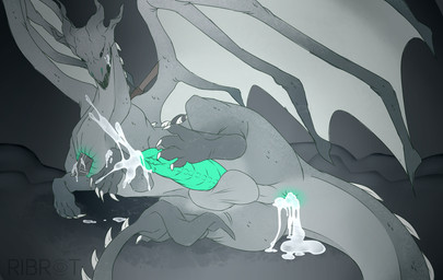 anus balls big_balls bodily_fluids cum cum_in_ass cum_inside ejaculation feral genital_fluids genitals green_anus green_penis grey_body grey_scales male penis scales solo tail ribr0t dark_souls fromsoftware mythology sinh_the_slumbering_dragon dragon mythological_creature mythological_scalie scalie hi_res