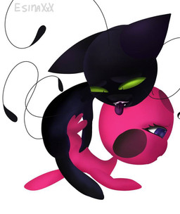 andromorph anthro anthro_on_anthro black_body duo female green_eyes intersex male male/female red_body esinaxxx miraculous_ladybug felid feline humanoid kwami mammal