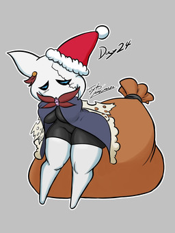 anthro big_breasts breasts christmas_clothing christmas_headwear cloak clothed clothing female grey_background hat headgear headwear holidays mouthless non-mammal_breasts sack santa_hat simple_background solo thigh_stockings jyto christmas hollow_knight_(franchise) team_cherry fan_character miriam_(hk_fan_character) arthropod insect vessel_(species) 3:4 hi_res