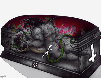 anthro bareback bodily_fluids coffin cum cum_in_ass cum_inside duo from_front_position genital_fluids lying male male/male missionary_position muscular on_back satanic sex yagi_b._(artist) clover_clive american_opossum mammal marsupial undead vampire traditional_media_(artwork)