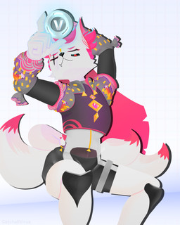 :3 anthro bandage bandage_on_face boots clothing dipstick_tail eyebrows eyes_closed facial_scar female female/female flat_chested footwear fur gold_(metal) gold_jewelry grey_clothing hair jewelry knee_boots knee_highs legwear markings multi_tail pink_body pink_eyebrows pink_fur pink_hair pink_tail pink_tail_tip pose scar shoes solo tail tail_markings text tied_hair v-bucks white_body white_fur wide_hips zipper catchallvirus epic_games fortnite kimiko_five-tails arctic_fox canid canine fox fox_spirit mammal true_fox 4:5 absurd_res hi_res