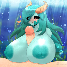 anthro areola big_breasts black_sclera blush breast_play breasts duo exclamation_point eye_through_hair eyelashes female genitals green_hair hair heart_symbol horn huge_breasts humanoid_genitalia humanoid_penis male male/female nipples nude open_mouth penis sex split_form titfuck translucent translucent_hair underwater water mistpirit calamity_(terraria_mod) terraria anahita_(terraria_mod) aquatic human mammal merfolk 1:1 hi_res