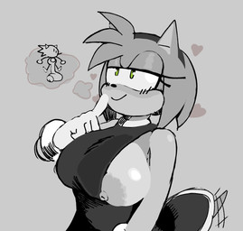 accessory anthro big_breasts big_penis bracelet breasts daydream duo female genitals hair_accessory hairband jewelry male nipple_slip one_breast_out penis smile tail tail_motion tailwag thinking_about_another thinking_about_penis thought_bubble theonehornedimp sega sonic_the_hedgehog_(series) amy_rose sonic_the_hedgehog eulipotyphlan hedgehog mammal hi_res monochrome
