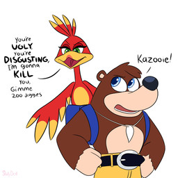 backpack belt black_nose blue_eyes bottomwear brown_body brown_fur clothing countershading dialogue duo eyelashes feathers female fur green_eyes hands_on_hips jewelry looking_back male necklace open_mouth red_body red_feathers shorts simple_background standing teeth text white_background skelly_doll banjo-kazooie rareware banjo_(banjo-kazooie) kazooie avian bear breegull mammal 1:1 2019 english_text hi_res