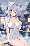 ahoge blue_eyes blush breasts female grey_hair hair hot_spring outside plant snow solo steam towel towel_only tree water wet yellow_eyes mauve_(artist) animal_humanoid cat_humanoid felid felid_humanoid feline feline_humanoid humanoid mammal mammal_humanoid 2023