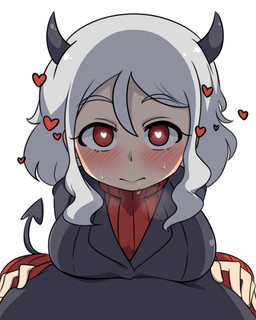 big_breasts black_horn blush bodily_fluids breasts clothing female hair heart_eyes heart_symbol horn imminent_sex not_furry red_eyes simple_background solo spade_tail sweat tail white_background white_hair basuke helltaker modeus_(helltaker) demon humanoid 4:5 absurd_res hi_res