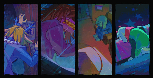 antlers armchair blonde_hair bodily_fluids chair clothing crying dutch_angle fur furniture grief hair hand_on_face horn jewelry missing_poster necklace purple_body purple_scales raining scales shirt sitting snowgrave tears topwear white_body white_fur gaida_the_duck deltarune mythology undertale_(series) carol_holiday chairiel dess_holiday ralsei susie_(deltarune) toriel boss_monster_(undertale) bovid caprine deer dragon goat mammal mythological_creature mythological_scalie new_world_deer reindeer scalie absurd_res colored digital_drawing_(artwork) digital_media_(artwork) digital_painting_(artwork) hi_res painting_(artwork)