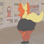 anthro big_butt blush bodily_fluids butt cashier clothing duo faceless_character faceless_female female flying_sweatdrops huge_butt huge_thighs leggings legwear plantigrade rear_view sign store sweat sweatdrop text thick_thighs wide_hips nooxgard costco nintendo pokemon crescera canid canine delphox fox generation_6_pokemon mammal pokemon_(species) 1:1 hi_res