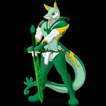 1:1 alpha_channel anthro balls casual_exposure clothing conditional_dnp generation_5_pokemon genitals male melee_weapon nintendo notkastar pecs penis pokemon pokemon_(species) serperior slim solo sword weapon