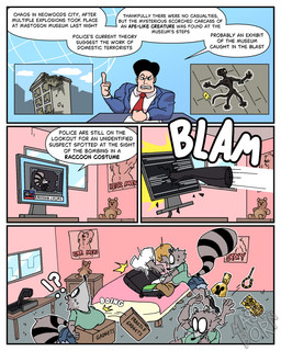 anthro bedroom big_breasts black_clothing bodysuit boots bottomwear breasts broken_television clothing desk dialogue duo electronics female footwear furniture high_heeled_boots high_heels male markings news news_report news_reporter packing panicked_look panicking plushie poster raccoon_tail reporter ring_(marking) ringed_tail rushing shirt shoes shorts skinsuit solo striped_markings striped_tail stripes suit suit_jacket table tail tail_markings teddy_bear television text thief tight_clothing topwear monkey_joe_(diegutan) uva_the_raccoon human mammal 4:5 absurd_res comic english_text hi_res
