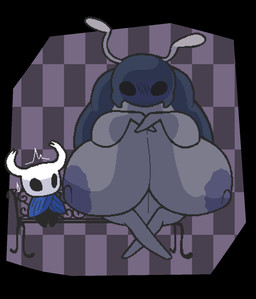 2_horns ambiguous_gender antennae_(anatomy) anthro areola bench big_breasts biped black_body black_eyes blue_clothing breasts clothing duo empty_eyes female grey_body horn huge_breasts nipples on_bench sitting sitting_on_bench windreg1 hollow_knight_(franchise) team_cherry bretta_(hollow_knight) the_knight_(hollow_knight) arthropod beetle insect vessel_(species) 2026 hi_res