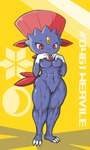 abs anthro biped breasts claws eyelashes female forehead_gem fur gem genitals medium_breasts muscular muscular_female muscular_legs navel nipples nude pussy red_eyes simple_background solo standing symbol tail text toe_claws yellow_background anonymous_artist nintendo pokemon generation_4_pokemon mammal pokemon_(species) weavile hi_res