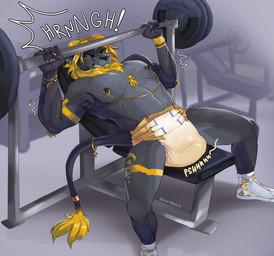 5_fingers anthro barbell bared_teeth bench_press black_body black_fur blonde_hair bodily_fluids claws clothed clothing cross diaper diaper_tape exercise eyes_closed fangs fingers footwear fur genital_fluids grunting gym hair humanoid_hands inside jewelry lying male motion_lines on_back onomatopoeia shoes sneakers solo sound_effects stained_diaper tail teeth text unclean_diaper urine urine_stain used_diaper using_diaper wearing_diaper weight_bench wet_diaper wetting wetting_diaper workout yellow_body yellow_fur lexxypawz yanni felid lion mammal pantherine hi_res signature