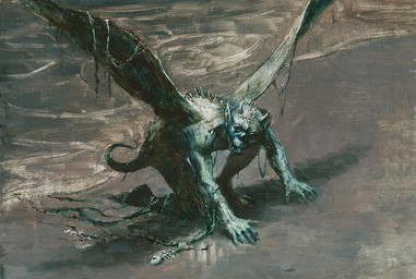 beach bone horn humanoid_pointy_ears looking_up male membrane_(anatomy) membranous_wings not_furry nude open_mouth pointy_ears skeleton solo tail water wings nils_hamm hasbro magic:_the_gathering wizards_of_the_coast demon demon_humanoid humanoid 2009 official_art traditional_media_(artwork)