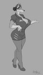 anthro big_breasts bottomwear breasts clothing female flight_attendant footwear high_heels shoes skirt solo greasymojo canid canine canis domestic_dog mammal 2020 absurd_res hi_res monochrome