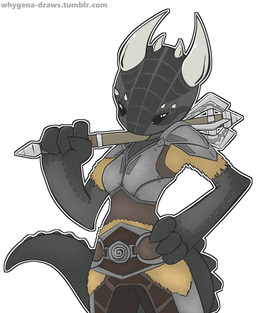 4_fingers anthro armor black_eyes breastplate female fingers grey_body grey_scales hand_on_hip holding_object holding_weapon horn mace melee_weapon outline plate_armor scales simple_background solo spaulder standing text toony weapon white_background whygena bethesda_game_studios microsoft skyrim the_elder_scrolls argonian scalie 2016 digital_media_(artwork) unavailable_at_source url
