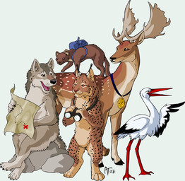 ambiguous_gender backpack beak binoculars claws compass exploring feral group hooves horn rock simple_background spots tail treasure_map white_background akela_taka avian bird canid canine canis cervine deer domestic_ferret fallow_deer felid feline lynx mammal mustelid musteline stork true_musteline weasel white_stork wolf 2007