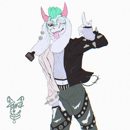 anthro bottomwear clothing denim denim_bottomwear denim_clothing ear_piercing ear_tag eyewear fishnet_clothing gesture glasses hand_gesture horn jacket jeans leather leather_clothing leather_jacket leather_topwear looking_at_viewer male middle_finger mohawk pants piercing solo studs tongue tongue_out topwear torn_bottomwear torn_clothing torn_jeans torn_pants bonelesswolf deltarune undertale_(series) ralsei darkner 1:1 hi_res