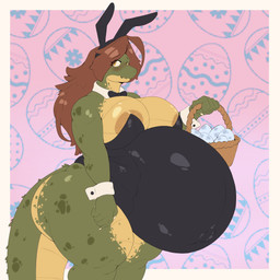 ambiguous_gender anthro basket belly big_belly big_breasts big_butt blush breasts bunny_costume butt clothing container costume curvy_figure easter_basket egg female green_body holidays huge_belly overweight pregnant thick_thighs voluptuous matt_user easter matt_(matt_user) crocodile crocodilian reptile scalie 1:1 2026 absurd_res hi_res trans_(lore) trans_woman_(lore)