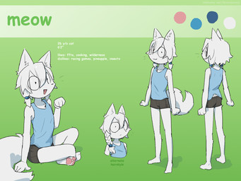 :d ambiguous_gender anthro barefoot black_bottomwear black_clothing black_shorts blue_clothing blue_shirt blue_tank_top blue_topwear bottomwear clothing eyewear feet fur glasses green_background monotone_body monotone_fur pawpads pigtails pink_pawpads plantigrade round_glasses shirt shorts simple_background smile solo tail tank_top topwear white_body white_fur white_tail bravobunny meow_(bravobunny) domestic_cat felid feline felis mammal hi_res model_sheet