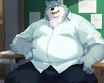 anthro belly big_belly bottomwear classroom clothing detailed_background humanoid_hands kemono male overweight overweight_male pants school shirt sitting solo topwear noctnoc canid canine canis mammal wolf 2024 absurd_res hi_res