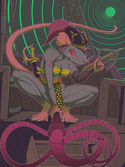 anthro bottomwear bra breasts buckteeth clothed clothing crossbow crouching ear_piercing ear_ring eye_patch eyewear facial_scar female front_view fur grey_body grey_fur grin hairless_tail holding_object holding_whip loincloth melee_weapon notched_ear piercing pirate pirate_hat ranged_weapon red_eyes ring_piercing scar scimitar sheathed_weapon ship skimpy smile solo sword teeth underwear vehicle watercraft weapon whip whiskers gompami warhammer_(franchise) mammal murid murine rat rodent skaven absurd_res hi_res