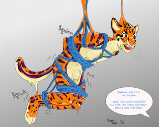 bdsm bodysuit bondage bound clothing dialogue edging fake_eyes glistening glistening_body goo_transformation latex latex_bodysuit latex_clothing latex_skinsuit male markings null_bulge restraints rope rope_bondage rope_harness skinsuit spots spotted_body text tight_clothing toy transformation trapped riggedreded cheetah felid feline mammal 2025 english_text hi_res