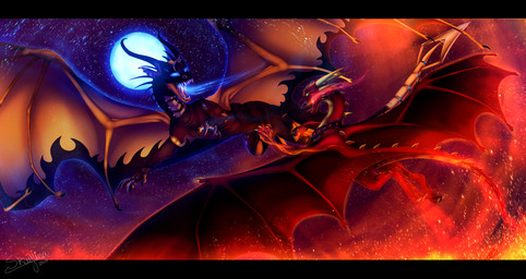 black_bars claws detailed_background duo fantasy feral horn membrane_(anatomy) membranous_wings moon night outside sky spines star starry_sky tail wings skaydie european_mythology mythology dragon mythological_creature mythological_scalie scalie western_dragon 2015 digital_media_(artwork) hi_res letterbox