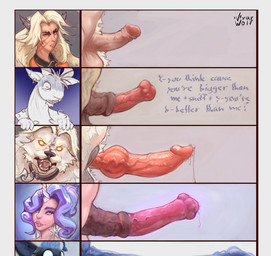 animal_genitalia animal_penis anthro ball_tuft balls big_penis black_body black_fur blonde_hair blue_clothing blue_eyes blue_hat blue_headwear blue_penis bodily_fluids breaking_the_fourth_wall canine_genitalia canine_penis chart clothing collar comparing comparing_penis crotch_tuft dialogue ear_piercing ear_ring equine_genitalia equine_penis front_view fur genital_fluids genitals gesture gloom_lines glowing glowing_eyes glowing_genitalia glowing_penis group gynomorph hair hat headgear headwear horizontal_pupils horn huge_penis humanoid_genitalia humanoid_penis hyper hyper_genitalia hyper_penis intersex jacket jewelry knot knotted_penis leaking_precum looking_at_another looking_at_viewer looking_down looking_down_at_another magic magic_penis male metal necklace nightcap open_mouth orange_clothing orange_penis orange_topwear outside_panel pattern_clothing pattern_hat pattern_headgear pattern_headwear penis penis_chart penis_size_comparison piercing precum pubes pupils purple_hair question_mark red_penis ring_piercing shocked side_view simple_background smile tears teeth text three-quarter_view topwear tuft unicorn_horn unusual_bodily_fluids unusual_genital_fluids unusual_precum vein veiny_penis white_body white_eyes white_fur white_fur_tuft yellow_eyes vyarwolf deadlock_(game) mythology penis_lineup valve billy_(deadlock) celeste_(deadlock) lilah_silver rem_(deadlock) bovid canid canine caprine chimera goat human mammal mythological_canine mythological_creature werecanid werecanine werecreature werewolf 2026 absurd_res bust_portrait english_text hi_res portrait three-quarter_portrait