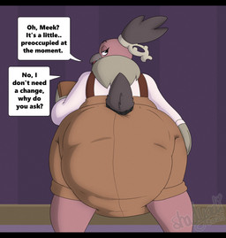 accessory ambiguous_gender anthro beak big_diaper brown_body brown_clothing brown_feathers brown_overalls brown_tail clothed clothing collared_shirt diaper diaper_under_clothing dress_shirt ellipsis feather_hair feathers feces grey_beak hair_accessory hair_tie half-closed_eyes heart_symbol holding_object inside looking_back multicolored_body narrowed_eyes open_beak open_mouth overalls pink_body pseudo_hair rear_view shirt soiled_diaper soiling solo speech_bubble standing tail text topwear unclean_diaper used_diaper wall_(structure) wearing_diaper white_clothing white_shirt white_topwear shadyadi nintendo pokemon carrie_(screweverything) generation_5_pokemon pokemon_(species) vullaby 2025 artist_name hi_res letterbox portrait signature three-quarter_portrait