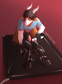 anthro asphyxiation bdsm black_hair black_latex blue_clothing blue_shirt blue_t-shirt blue_topwear bondage bound clothing duo facesitting fully_bound fur glistening glistening_eyes hair holding_object holding_sex_toy holding_vibrator kneeling latex lying male male/male nipples on_back orange_body orange_fur pink_nipples pink_nose sex_toy shirt short_hair sitting_on_another t-shirt topwear vacuum_bed vibrator wand_vibrator white_body white_fur yellow_eyes 100racs arty_(stripedcrocodile) absurd_res hi_res