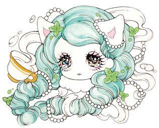 blue_hair braided_hair chibi container cup droopy_eyes eyelashes female gem glistening glistening_eyes hair inner_ear_fluff kemono leaf mint_leaf_(food) pearl_(gem) pointy_ears prick_ears smile solo tea_cup tuft yurie_sekiya animal_humanoid cat_humanoid felid felid_humanoid feline feline_humanoid humanoid mammal mammal_humanoid painting_(artwork) traditional_media_(artwork) traditional_painting_(artwork) traditional_watercolor_(artwork) watercolor_(artwork)