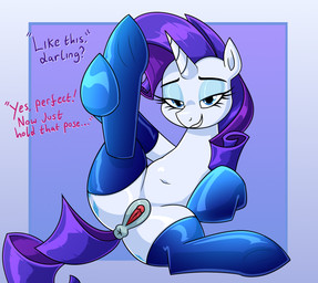 animal_genitalia animal_vulva anus bedroom_eyes blue_eyes clothed clothed_feral clothing cutie_mark dialogue equine_anus equine_genitalia equine_vulva eyeshadow female feral genitals grin hair horn legwear long_hair makeup narrowed_eyes navel purple_hair purple_tail quadruped seductive smile solo spread_legs spreading stockings tail talking_feral text thigh_highs unicorn_horn vulva white_body moonatik friendship_is_magic hasbro my_little_pony mythology rarity_(mlp) equid equine mammal mythological_creature mythological_equine unicorn english_text hi_res