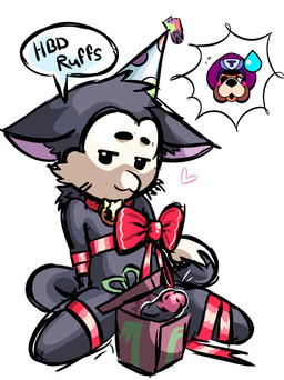 anthro arms_tied bell bell_collar blush bound box clothing collar container duo ears_down genitals gift_box hat headgear headwear heart_symbol humanoid_genitalia male male/male party_hat penis pivoted_ears ribbons simple_background slim speech_bubble suggestive_look surprised tail rich_trueman brawl_stars supercell_(company) kit_(brawl_stars) ruffs_(brawl_stars) bird_dog canid canine canis domestic_cat domestic_dog felid feline felis hunting_dog labrador mammal retriever hi_res