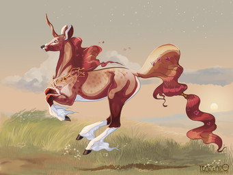 accessory brown_body brown_fur brown_hair cloud detailed_background eyes_closed feathering female feral flower flower_in_hair fur grass hair hair_accessory hooves horn jewelry jumping necklace outside plant running solo sun templado mythology deer equid equine hybrid mammal mythological_creature mythological_equine unicorn 4:3 hi_res