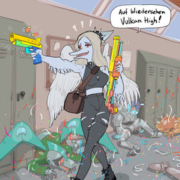 anthro backpack blue_body blue_skin bodily_fluids boots breasts clothed clothing collar confetti detailed_background dialogue feathered_wings feathers female footwear grey_hair group gun hair handgun humor locker long_hair machine male membrane_(anatomy) membranous_wings open_mouth pistol ranged_weapon red_eyes school school_hallway school_shooting shitpost shoes shooting smile snout solo_focus speech_bubble spikes tail text torn_clothing toy violence weapon what wings bishopbb cavemanon_studios goodbye_volcano_high ko_op_(game_developer) snoot_game fang_(gvh) naser_(gvh) rosa_(gvh) trish_(gvh) aquilops ceratopsian ceratopsid chasmosaurine dinosaur marginocephalian ornithischian prehistoric_species pterodactylus pterosaur reptile robot scalie triceratops 1:1 2020 colored digital_media_(artwork) german_text hi_res meme translated nonbinary_(lore)